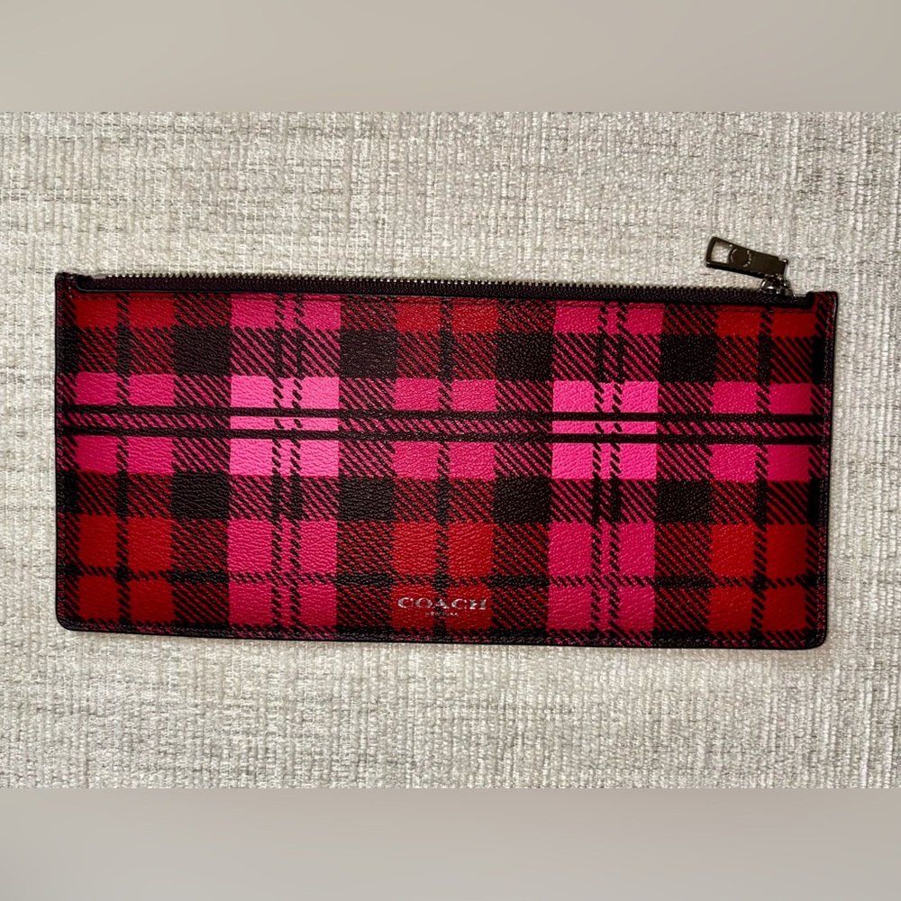 NWOT Coach Pink Red Plaid Zip Pouch Wallet Cosmetic Bag Tartan Wristlet